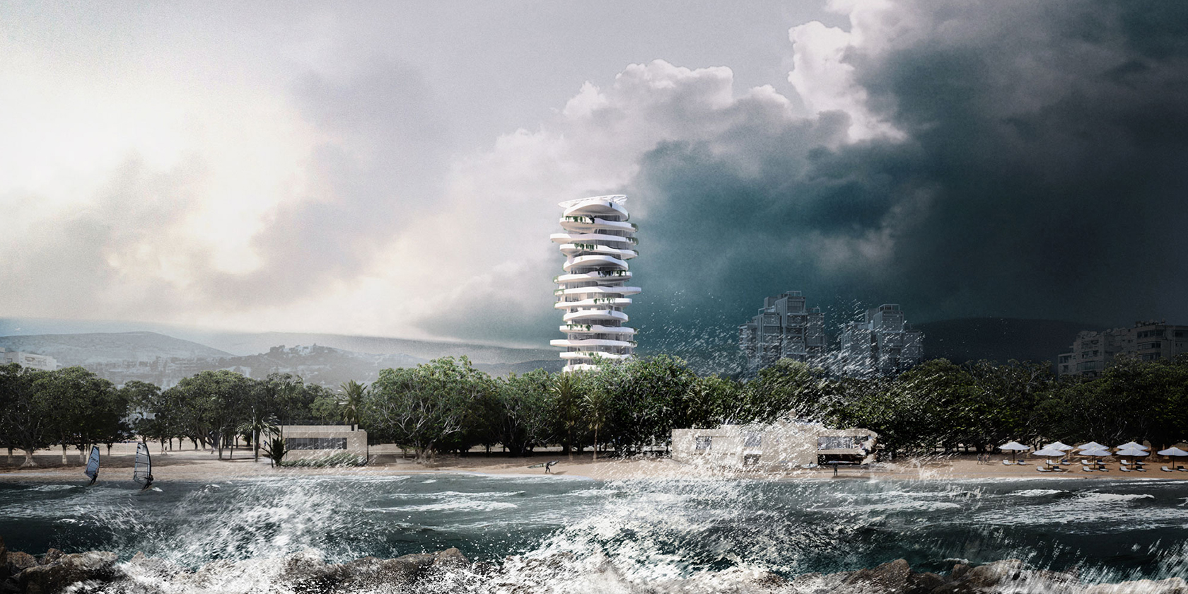 Pebble tower near the sea in storm